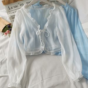 Kvinnors blusar skjortor kvinnor tunna kappa avslappnad spets sommarsol skydd kläder kvinnliga kofta skjorta kläder toppar blus för kvinna täcker blusa 230227