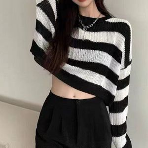 Suéteres femininos estilo coreano listrado suéter cultivado mulheres vintage mico de jumper de tamanho grande feminino de manga longa de canela O-pescoço O Tops 2302227