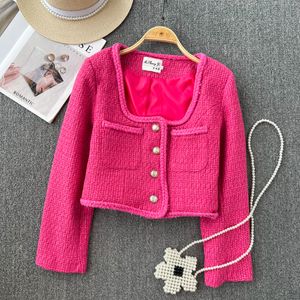 Jaqueta de tweed feminina de gola quadrada rosa e cintura fina casaco curto de lã SML