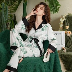 Womens Sleepwearwear lisacmvpnel outono pijamas de seda de seda de manga longa Cardigan Tie up Set Premium Sense 230227