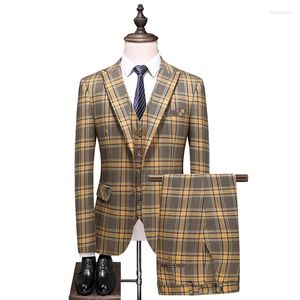 Men's Suits Luxury Fashion Men's Plaid Western Slim Fit Wedding Groom Dress Three-piece Suit Jacket Pants Vest