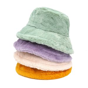 Wide Brim Hats Bucket Hats Faux Fur Winter Bucket Hat Women High Quality Solid Warm Female Cap Outdoor Sunscreen Sun Hat Panama Lady Panama Cap 230227