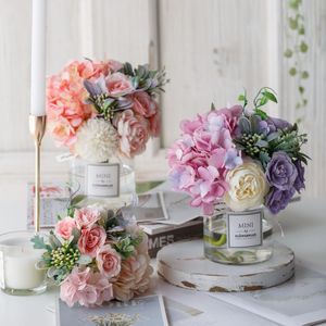 Decorative Flowers Artificial With Ceramic Vase Silk Peony Flower Arrangements For Dining Room Fake Bouquet Home Decor