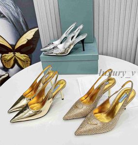 Designer-Abendschuhe für Damen, High Heels, Lackleder, Knöchelriemen-Sandalen, spitze Zehen, Strass-Schuhe, luxuriöse goldene, silberne Slip-on-Pumps