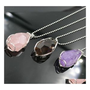 CAR DVR Pendant Halsband Sier Plated Wire Wrap Irregar Necklace Cut Gemstone Healing Energy Natural Crystal Amethyst Powder Te Drop Delive DHK64