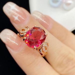 Cluster Rings 18k Rose Gold Filled Red Austrian Crystal Ruby Gemstones Diamonds Flowers For Women Fine Jewelry Trendy Bands Accessories