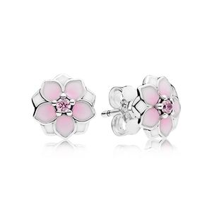 Pink Magnolia Stud Earrings Real Sterling Silver for Pandora CZ Diamond Wedding Jewelry For Women Girlfriend Gift designer flower Earring Set with Original Box