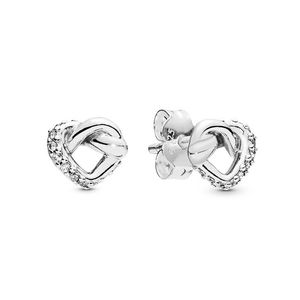 Geknotete Herz-Ohrstecker aus echtem Sterlingsilber für Pandora, CZ-Diamant, Hochzeit, Designer-Schmuck für Frauen, Freundin, Geschenk, Liebes-Ohrring-Set mit Originalverpackung