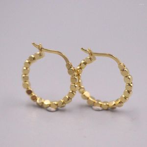 Hoop Earrings Real 18K Yellow Gold For Women Golden Square Beads Circle Jewelry 18mmDia Gift