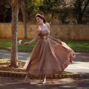 Brown Crepe Ankle Length Prom Dresses Sheer Neck Long Sleeve Short Maxi Dress For Special Ocn 326 326