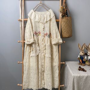 Casual Dresses Fall Women Dress Japan Style Mori Girl Hollow out Embroidery Solid Color Long Sleeve Cotton and linen Dress 230227