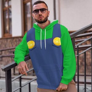 Мужские толстовки толстовок Loocl Мужчина капюшона мультфильм Luigi 3D Print Women Hoodies с длинными рукавами.