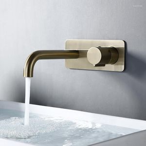 Banyo Lavabo muslukları Bagnolux fırçalanmış altın 2 delikli döner düğme ve soğuk su pirinç musluk yuvarlak banyo kaplama karıştırıcı kapak plakası ile
