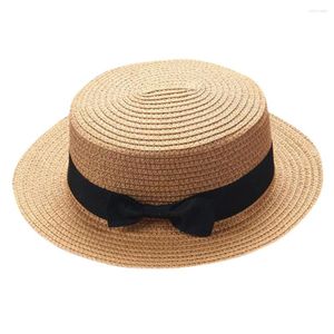 Berets Boater Straw Hat Panama Girls Flat Beach Cap Kids Wholesale Bow for Baby Bowknot Treasable French Sunhat Chidren Chapeau