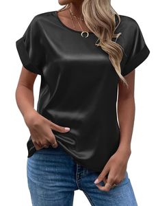 Summer Women Short Sleeve Satin Bluses Casual Loose Crewneck Silk Shirts Roll Up Sleeve Tunic Tops