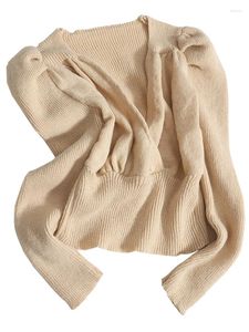 Kvinnors tröjor Retro Bubble Sleeve Jumper Sexig Se V-ringning Midjan Kort sektion Stickad Pullover Sweater Crop Kvinnlig topp Ropa Mujer
