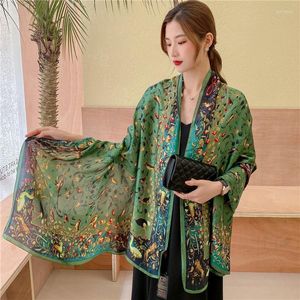 Scarves Army Green Luxury Silk Scarf Women Spring Printed Bird Shawls Wraps Lady Soft Bandana Foulard Summer Pareo Stole Long Cover-upsScarv