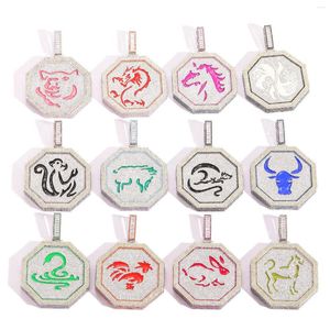 Catene ghiacciate con 12 collana di oroscopo animale per le donne Regalo di gioielli con zirconi cubici dello zodiaco hiphop cinese simbolo fortunato