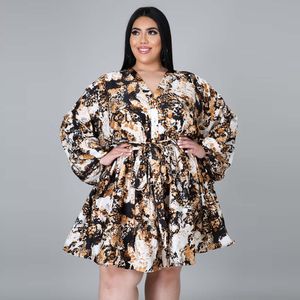 2023 Frühling Herbst Damen Plus Size Kleider V-Ausschnitt Blumendruck Pulloverkleid Langarm Voller Rock HT2754 Lässige Mode Taillenfaltenkleid GRÖSSE L-4XL