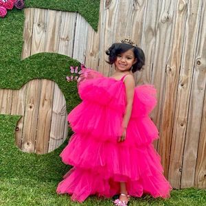 Girl Dresses Formal Fuchsia Tiered Spaghetti Straps Flower Dress For Wedding Kids TUTU Birthday Party First Communion Baby