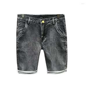 Mäns jeans sommar män denim shorts knä längd fläckad rak gata elasticitet dragsko lös man svart grå