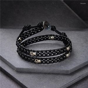 Charmarmband äkta läderarmband Bangle Skull Cuff Rope for Women Natural Tiger Eyes Agat flätade 2 lager Stensmycken B452