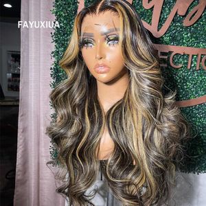 Synthetic Wigs Highlight Lace Front Wigs Synthetic Frontal Body Wave Omber Black/blonde Wig with Baby Hair Black Colored Cosplay 230227