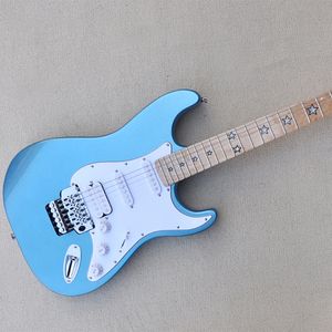 6 Strings Metal Blue Electric Guitar with Star Inlay Floyd Rose Maple Fretboard Customizable