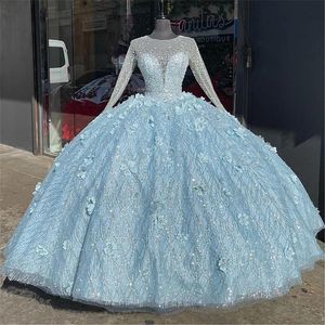 2023 Luxus-Quinceanera-Kleider mit Kristallen und Perlen, 3D-Blumenapplikation, Glitzer-Pailletten, 15 Yeals Old Party-Abschlussballkleider, lange Ärmel, Ballkleid, süßes 16-Kleid