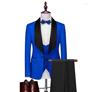 Men's Suits Brand Men Royal Blue/Black Groom Tuxedos Shawl Satin Lapel Groomsmen Wedding ( Jacket Pants Vest Tie ) D14