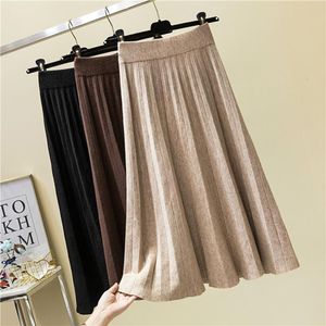 Skirts Women Winter Chic Style A-line Pleated Long Skirt Woolen Blend Knitted Flared Mid Calf Gray Beige