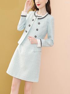 Casual Dresses Elliexi Blue Wool Dress And Coat Suits Women 2023 Winter Autumn Two-piece Elegant Vintage Office Lady O-neck Party Sets