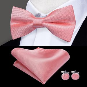 Bow Ties Hi-Tie Designer Men's Pink Tie Set For Wedding Party Coral Peach Bowtie Pocket Square Cufflinks Fashion Men