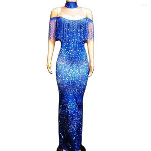 Stage Wear Royal Blue Fringe Dresses Floor-Length Split Fork Dress Party Evening Costume Shiny For Women Nightclub Dance Show