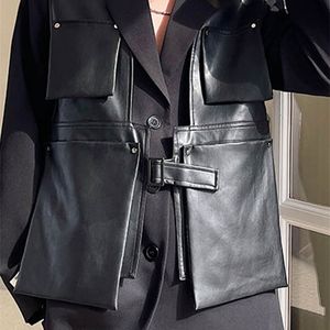 Men s Vests Pocket Black Loose Fit Pu Leather men waistcoat Casual Vest V collar Sleeveless Fashion Spring Autumn 2023 1D 056 230225