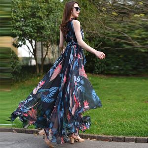 Casual Dresses Chiffon Flowy Tropical Prints Bohemia Runway Belt Maxi Dress Long Plus Size Celebrity/Graduation/Dinner Beach Sundress