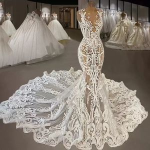 Iovry Sexy Lace Mermaid Wedding Dresses Sheer Jewel Neck Appliqued Country Bridal Party Gowns Vestidos De Novia