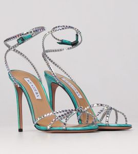 Aquazzurs 댄스 Plexi 샌들 신발 여성 크리스탈 장식 발목 스트랩 하이힐 여름 검투사 Sandalias 레이디 파티 웨딩 신부 EU35-43