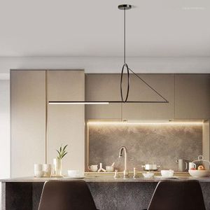 Pendant Lamps Simple Art Line LED Chandelier For Dining Room Kitchen Bar 120cm Black Iron Suspension Light Interior Lighting Fixture