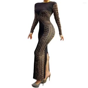 Stage Wear Sparkly Rhinestones Bodycon Long Spandex Stretch Dress Women Evening Party Birthday Prom Black Sheath Dresses Nightclub Costume