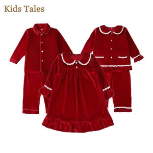 Pigiama 1-9Y Baby Boy Girl Christmas Essential Warm Winter Pigiama in velluto rosso Set Toddler manica lunga in pizzo Sleepwear Abbigliamento per bambini Suit 230227