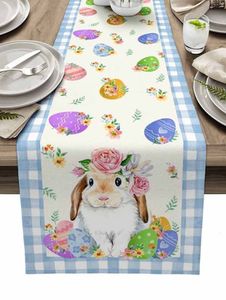 Стол -бегун льняной клетчатый кролик Пасха Эст Раскойные Яйца для семейного ужина для семейного ужина 230227
