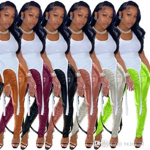 S-xxl Mulheres calças de couro brilhante 2023 Novas tendências Autumn Winter Perneiras Slim Slit High Waist