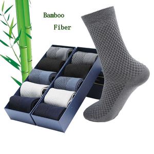 Herrstrumpor Herr Bambu Fiber Business Socks High Quality Breattable Fashion Long Black Harajuku Retro Socks 5 Par Storlek 4046 Z0227