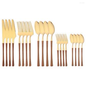 Servis uppsättningar brunt guld 20st rostfritt stål bestick set knivgaffel kaffekon imitation trähandtag bordsvaror kök flatvaror