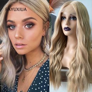 Syntetiska peruker Långt vågiga spetsar för kvinnor ombre svartbrun Golden Ash Blonde Syntetisk värmebeständig hår Natural Cosplay 230227