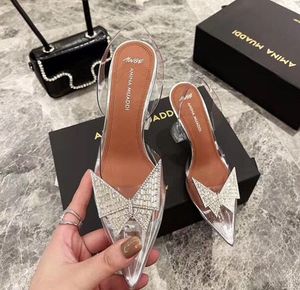 الجودة الرسمية أحذية أمينة بيغوم بلور البلورة المضخات pvc slingback مضخات muaddi restocks slingbacks 10 سم عالية الكعب