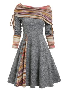 Abiti casual Convertible Cinched Striped Flare Dress Foldover Off The Shoulder Abiti lavorati a maglia Manica lunga donna Jurken 230227