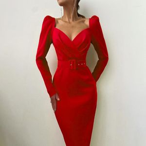 Casual Dresses Elegant Party Women Dress Slim V Neck Long Sleeve Mid Calf Pencil 2023 Office Lady Solid Red Puff Fashion