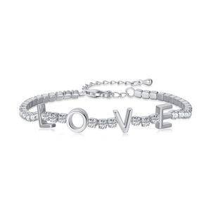 Fashion 925 Sterling Silver Love Letters Tennis Bracelet Designer for Woman White 5A Cubic Zirconia 18k Gold Chain Bracelets Luxury Jewelry Gift Box Friend Gift